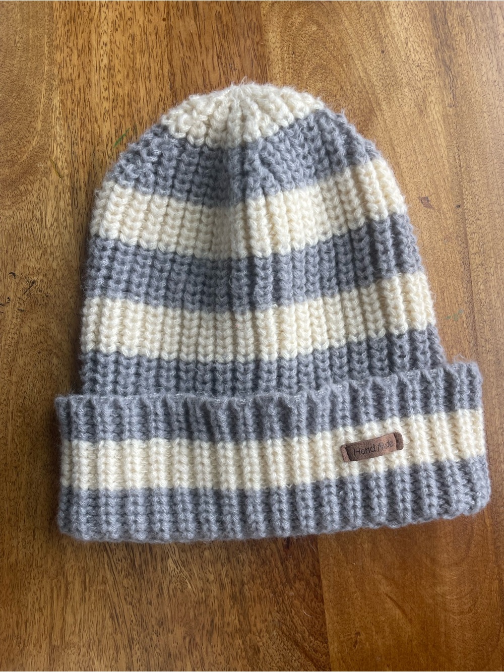 Cream & Gray Striped Knit Beanie